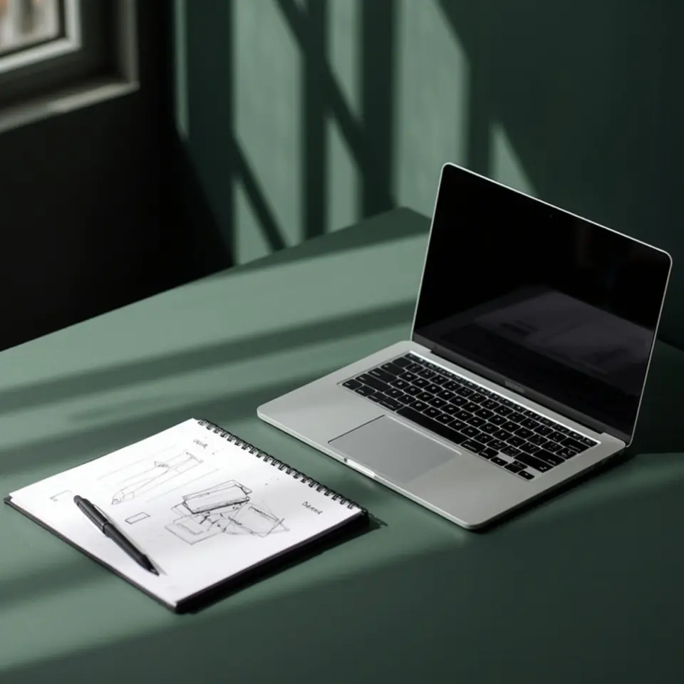 Laptop und Notizblock auf einem grünen Schreibtisch im Licht, KI-Marken-DNA von madea