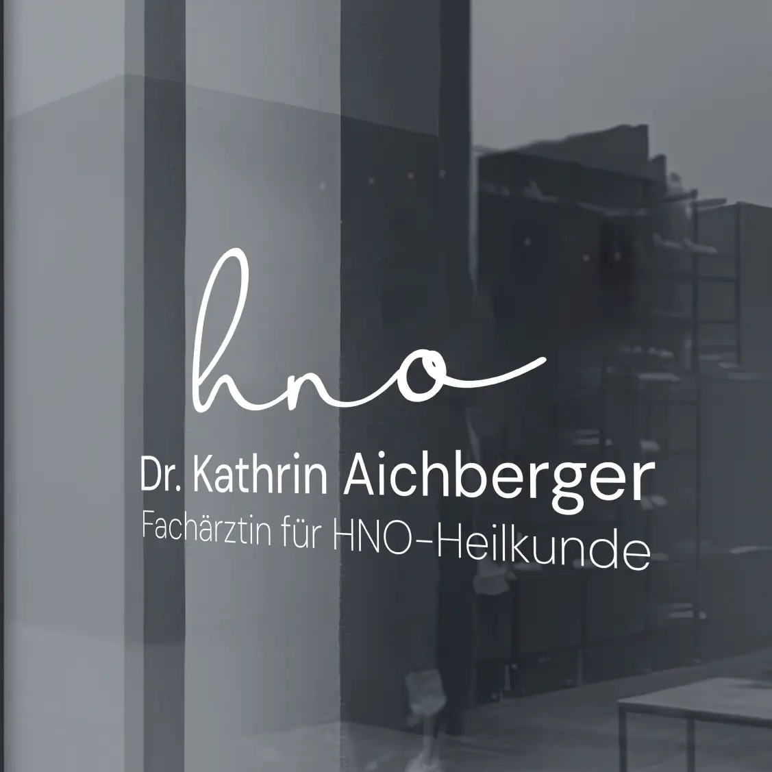 Praxisschild der HNO-Ordination Dr. Kathrin Aichberger an einer Glasfassade, madea