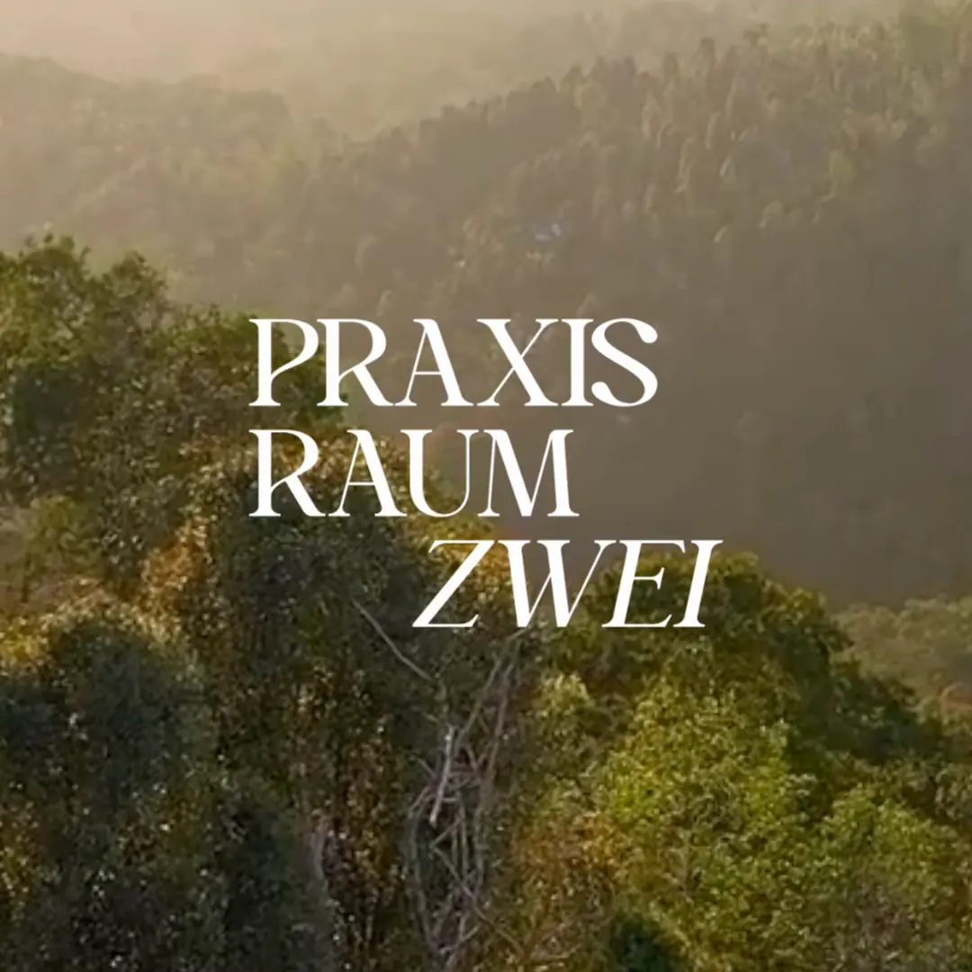 Logo Praxisraum Zwei über einer Hügellandschaft im Morgenlicht, madea