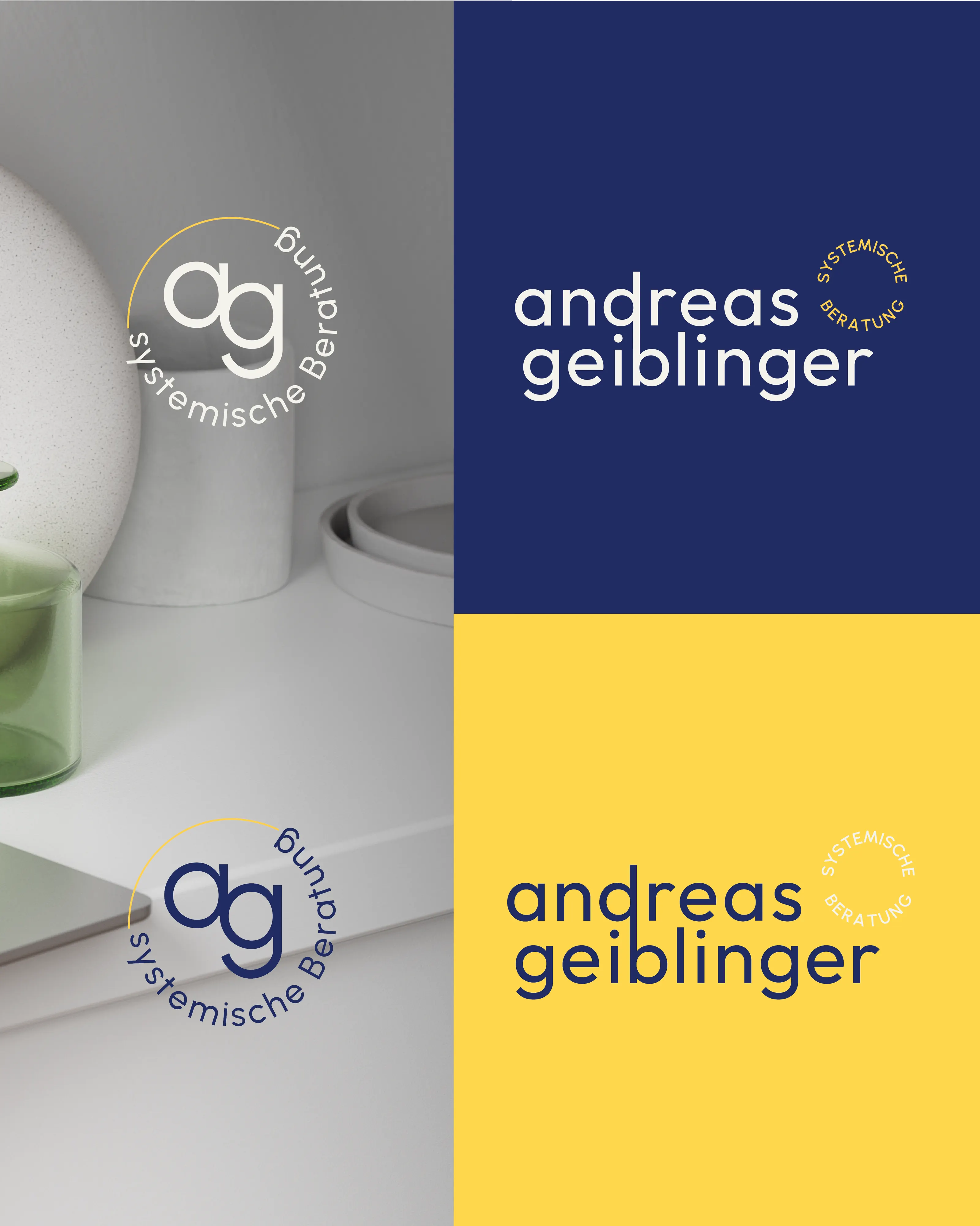 Logovarianten Andreas Geiblinger auf Nachtblau und Gelb, madea