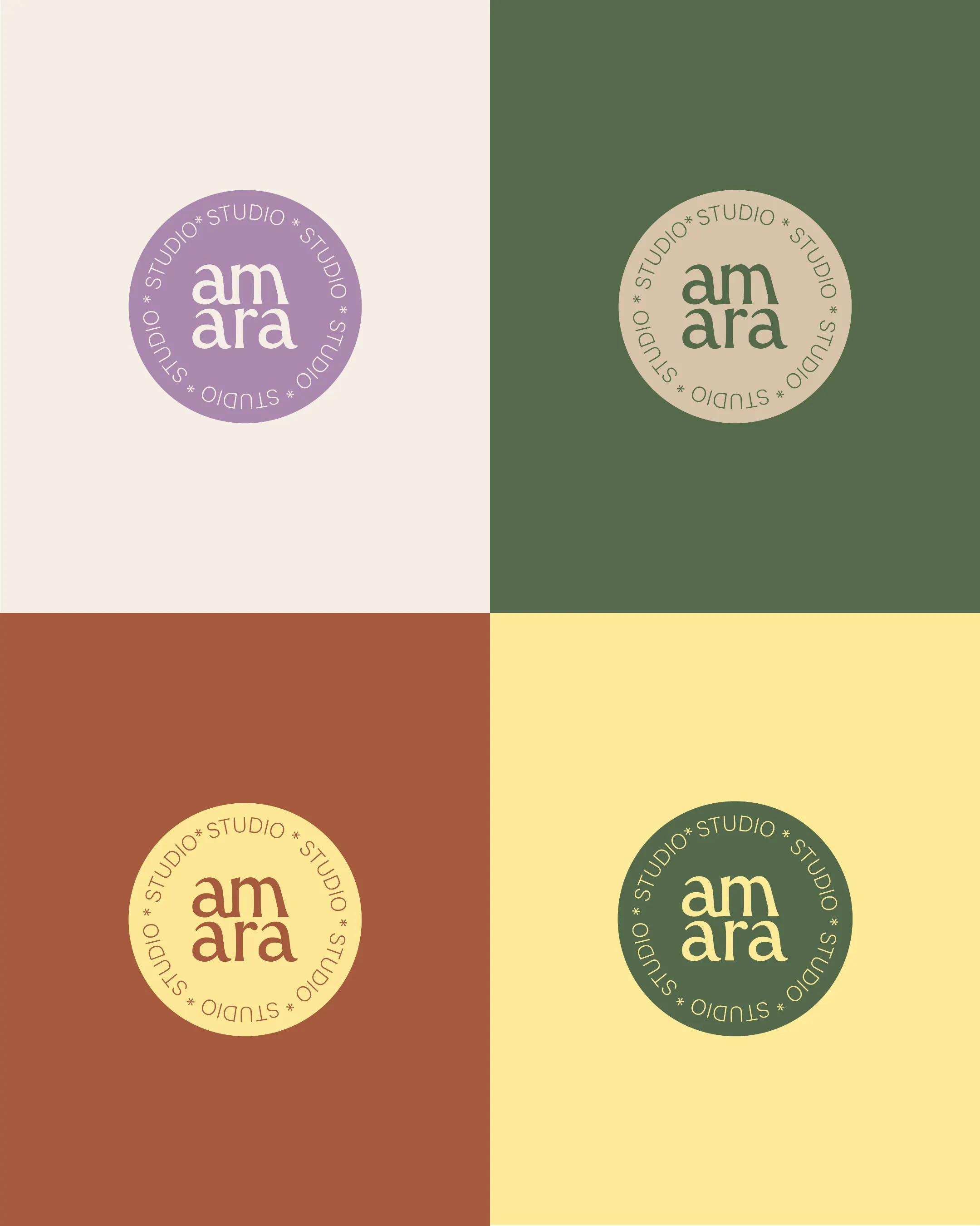 Vier Stempel von studio amara auf Lavendel, Olive, Terracotta und Gelb, madea