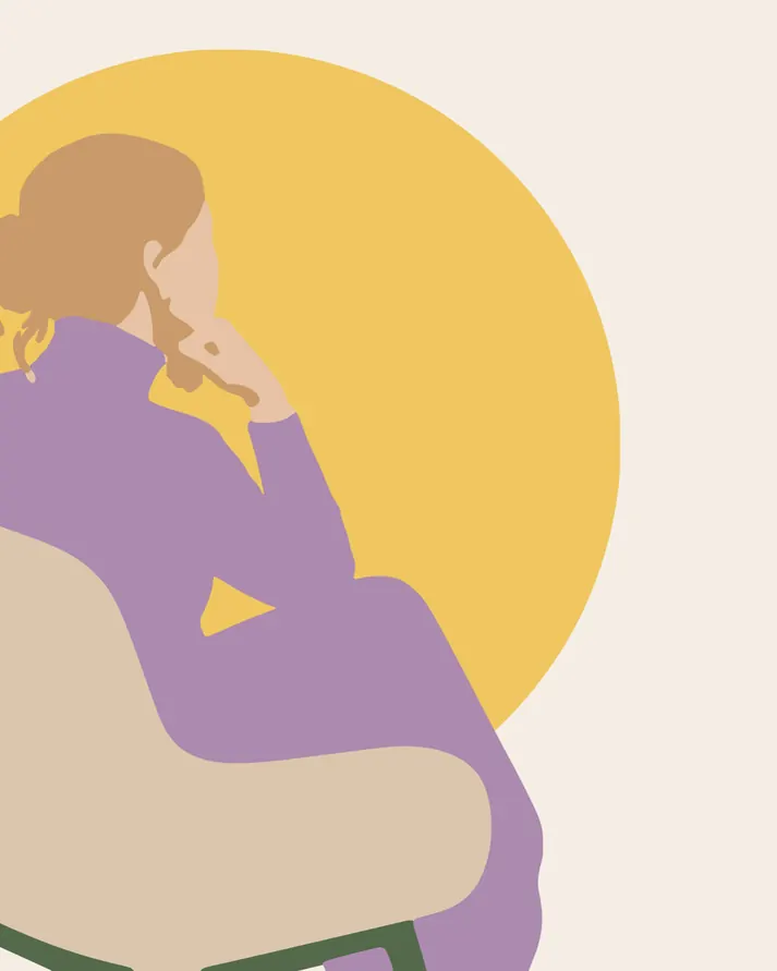 Gezeichnete Frau im Sessel auf Gelb, Illustration aus dem Flyer von studio amara, madea