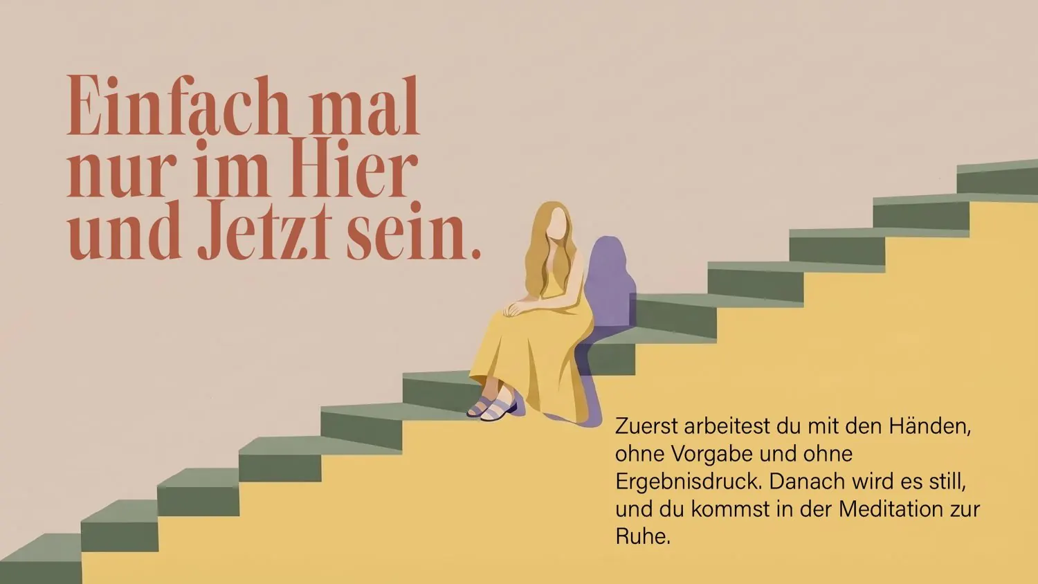 Startseite von studio amara mit der Zeile Einfach mal nur im Hier und Jetzt sein und einer gezeichneten Frau auf einer Stiege, madea