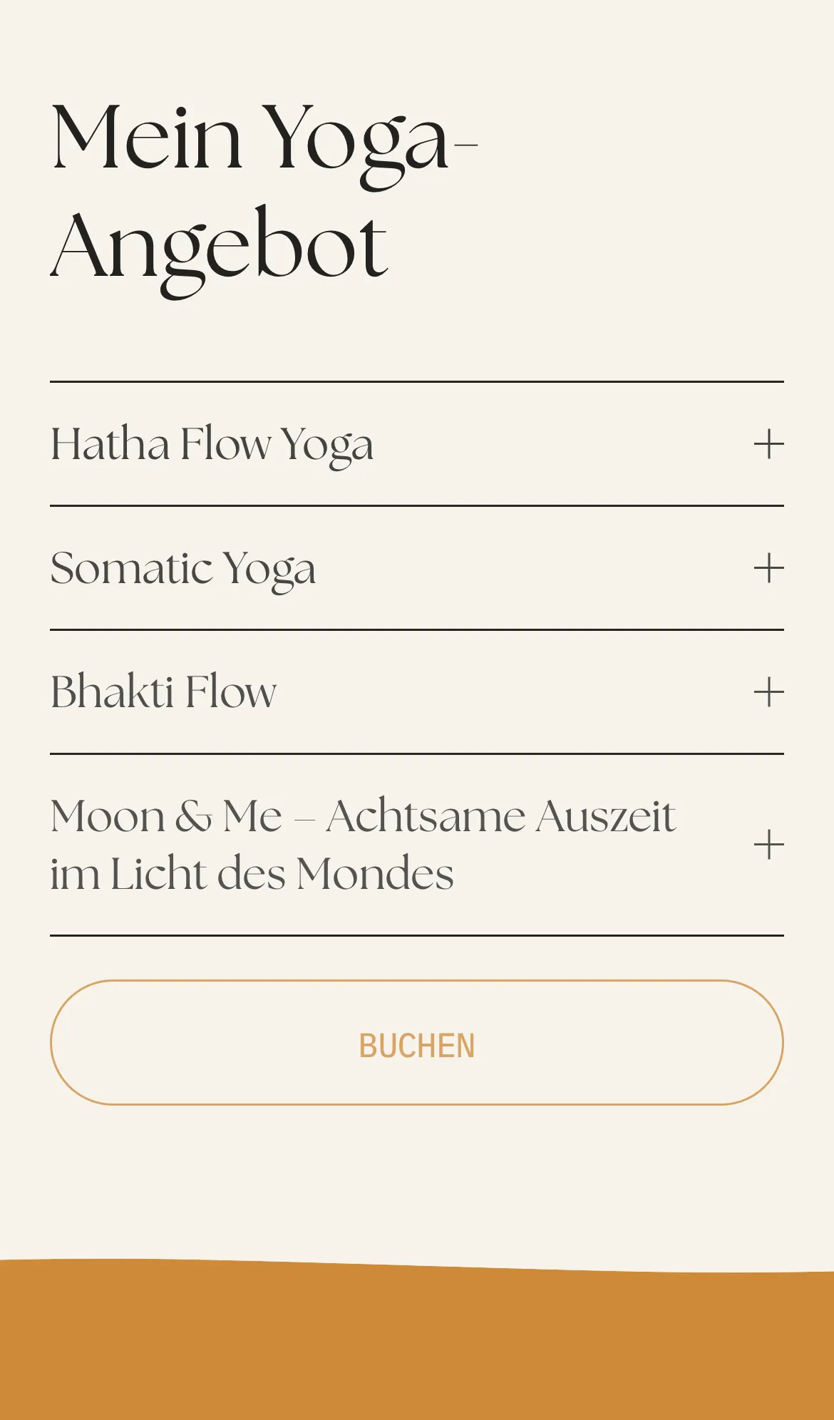 Angebotsseite der Website von Christina Terle am Handy mit der Überschrift Mein Yoga-Angebot und vier Angeboten, madea