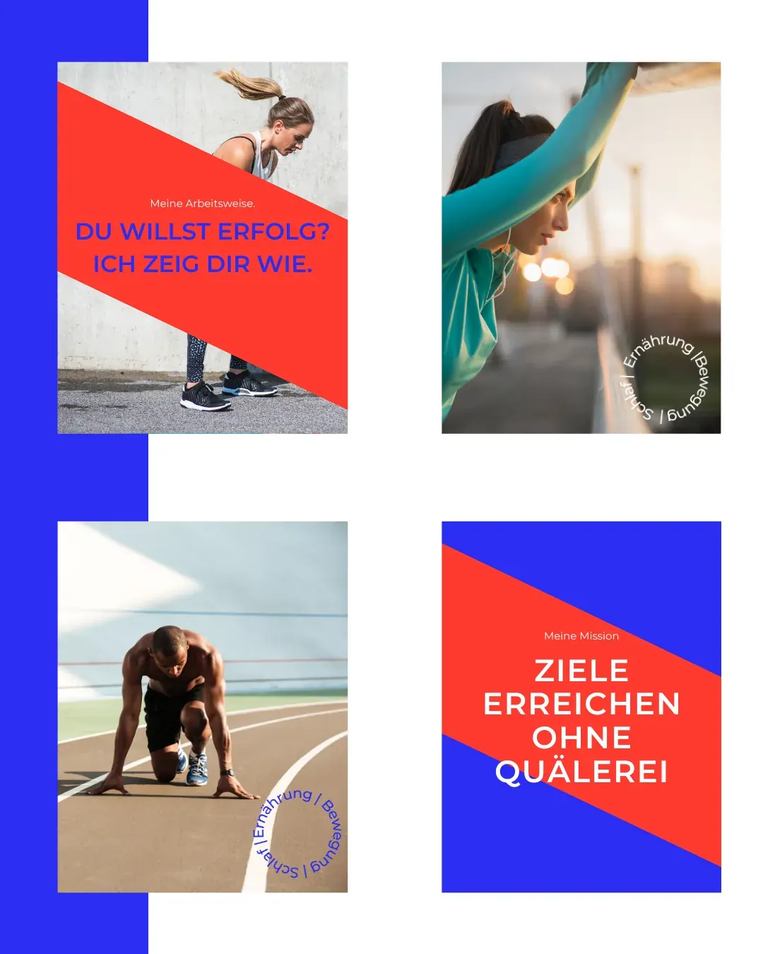Vier Social-Media-Vorlagen von EBS.FIT in Blau, Rot und Weiß, madea