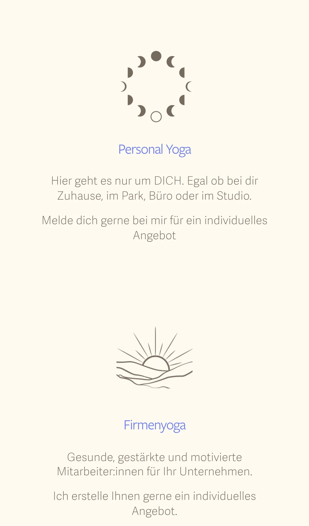 Personal Yoga und Firmenyoga mit den Icons auf byelena.at am Handy, madea
