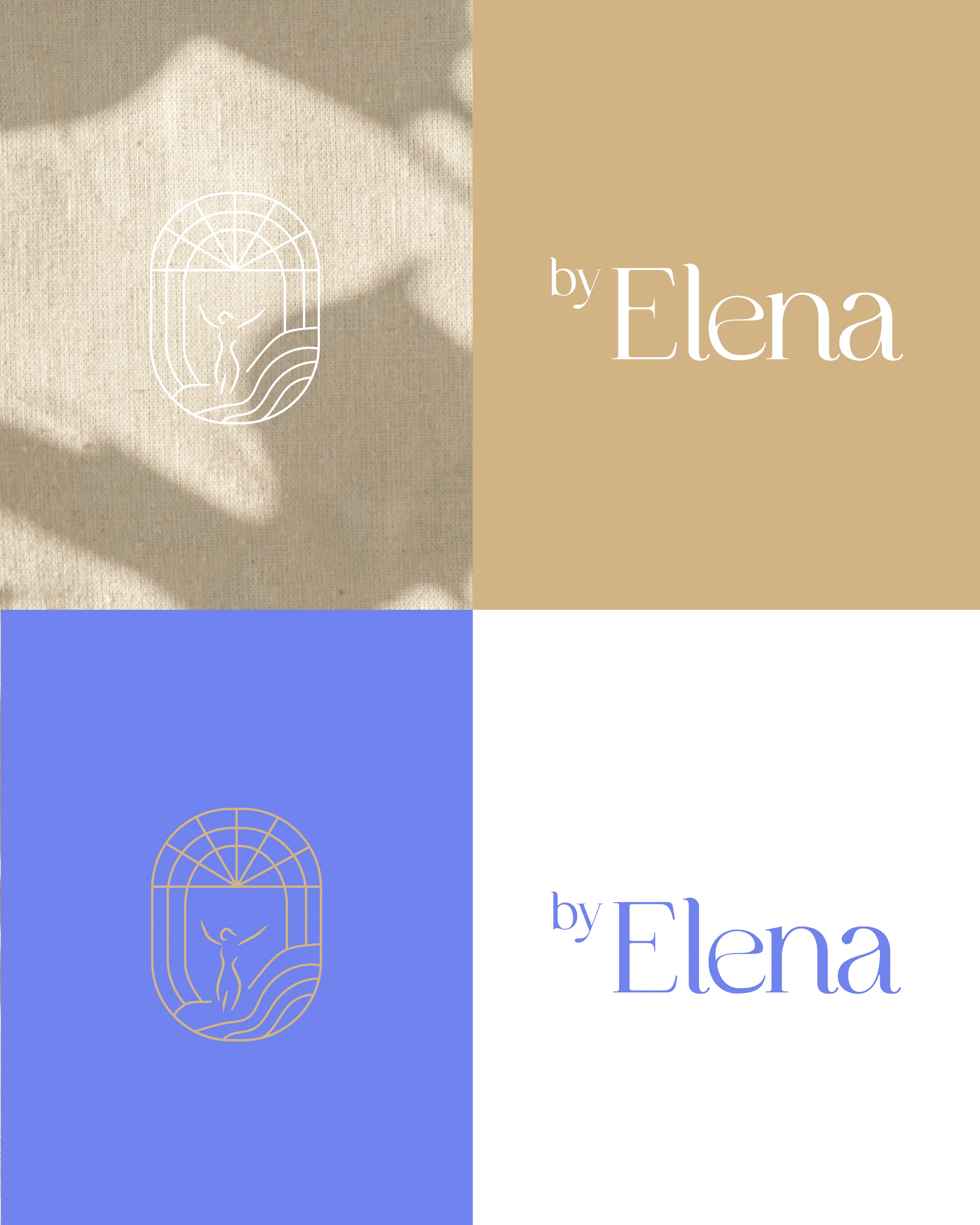 Logo von by Elena mit Icon in Sand und Kornblumenblau, in vier Varianten, madea