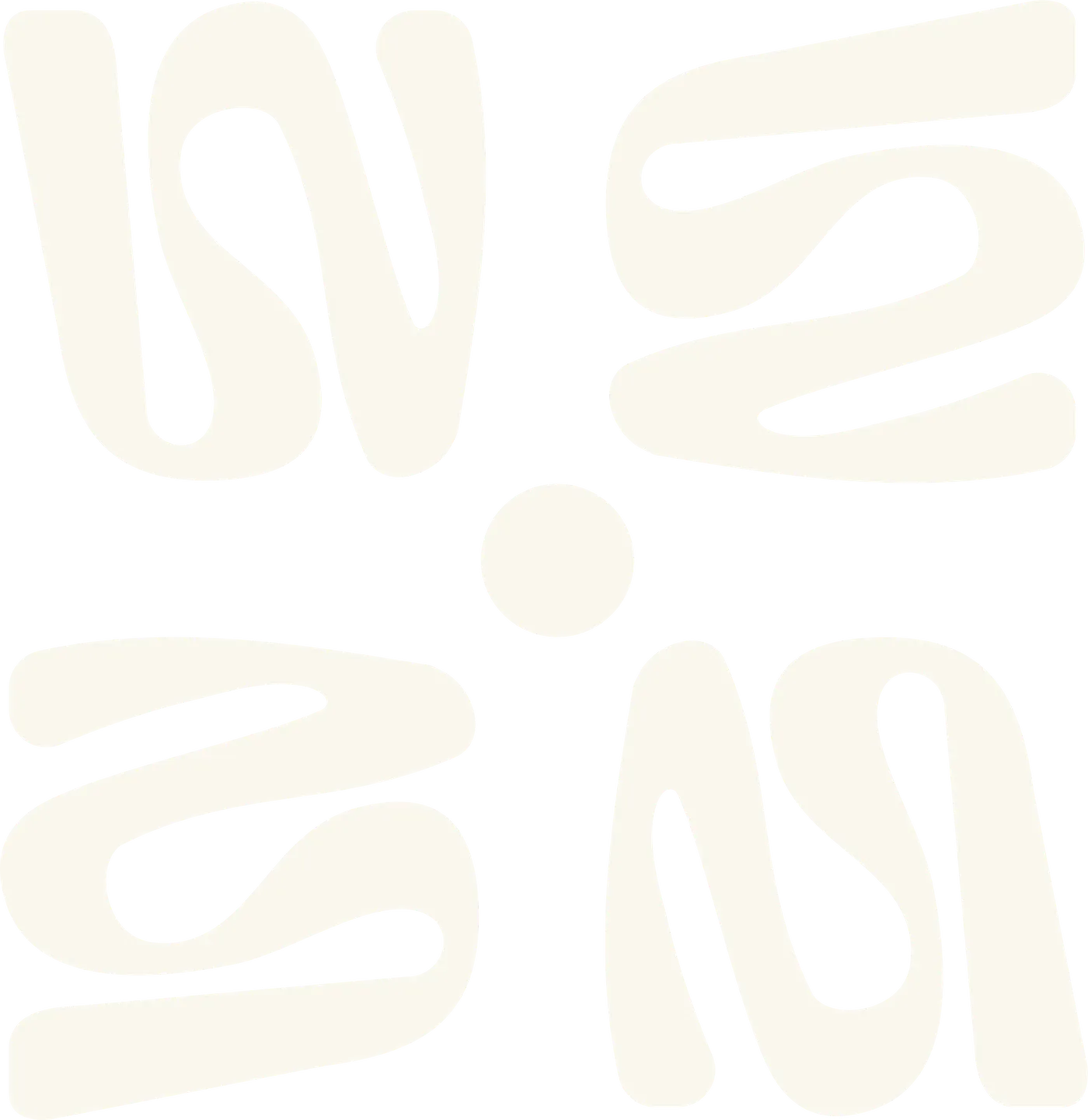 Icon von femmewell, vier bewegte Formen um einen Punkt, auf Rotbraun, madea