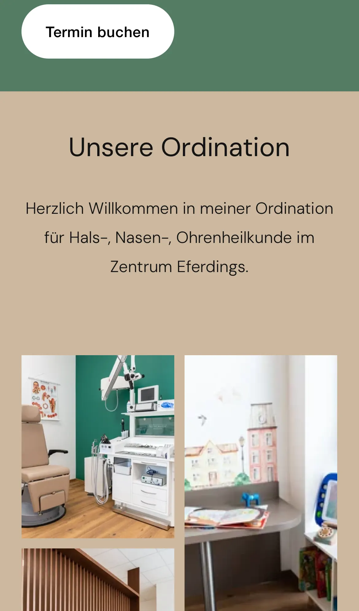 Website der HNO-Ordination am Handy mit der Seite Unsere Ordination und Fotos der Räume ohne Menschen, madea