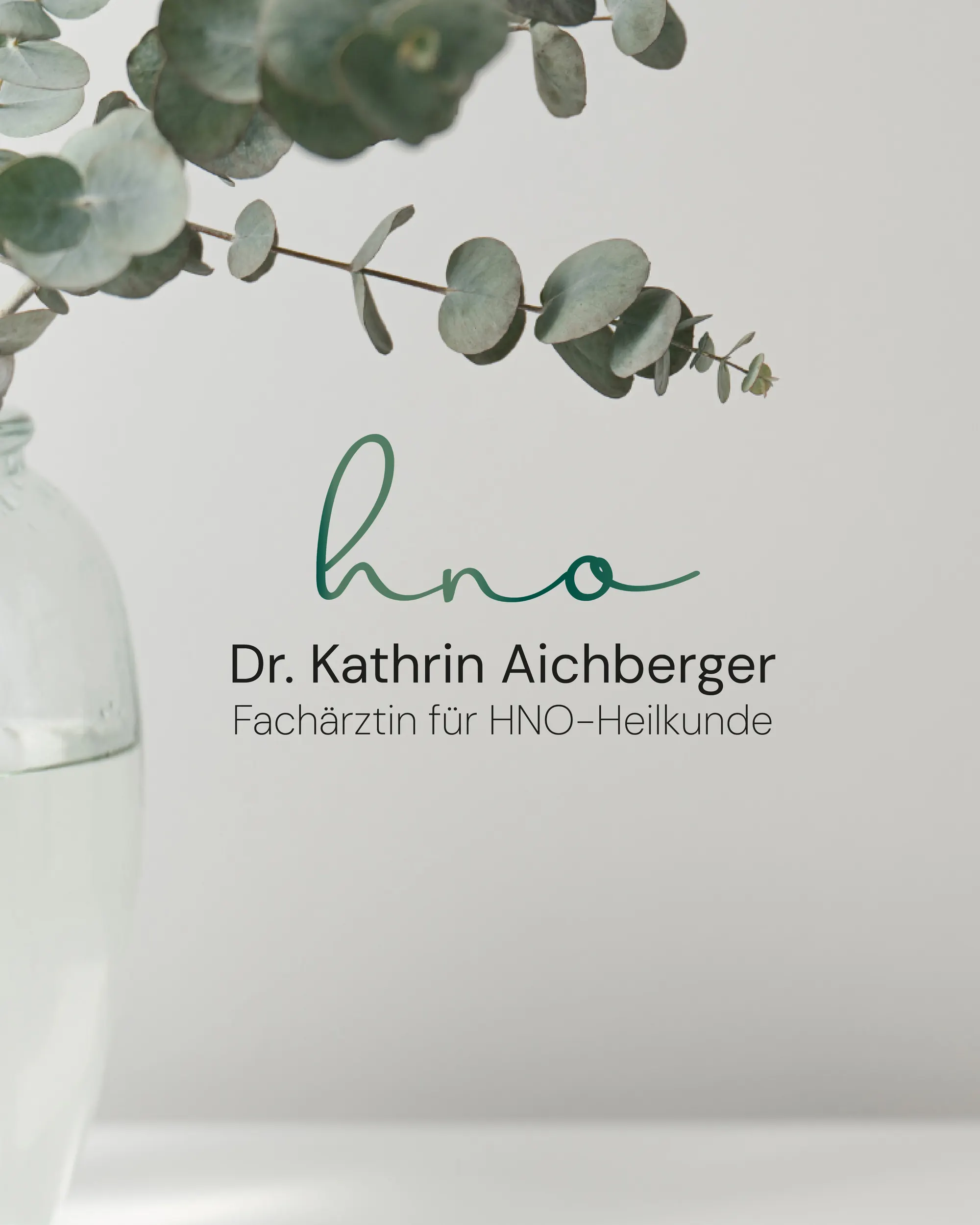 Logo der HNO-Ordination Dr. Aichberger auf weißem Grund neben einem Eukalyptuszweig, madea