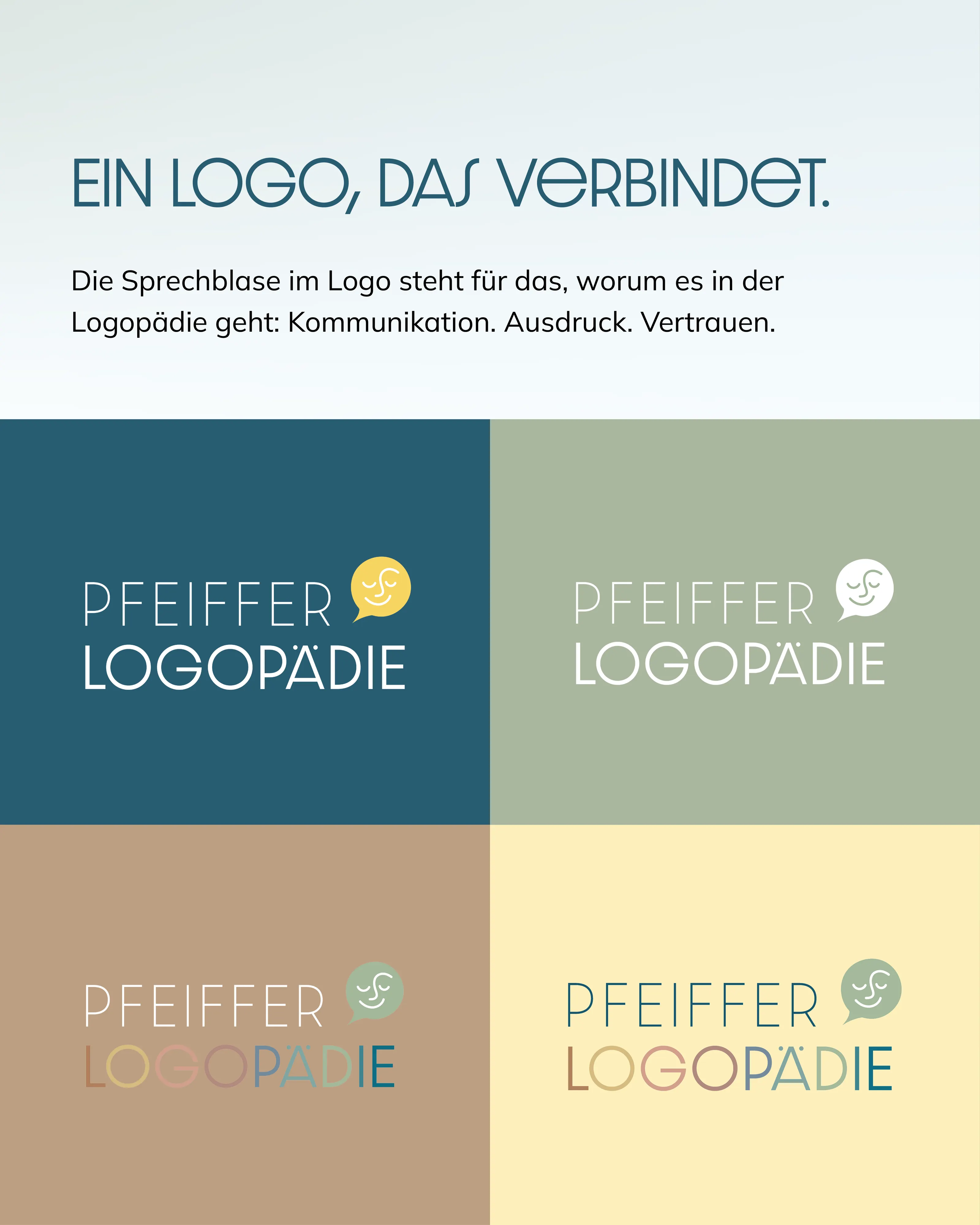 Logovarianten Pfeiffer Logopädie auf Petrol, Salbei, Terrakotta und Creme, madea
