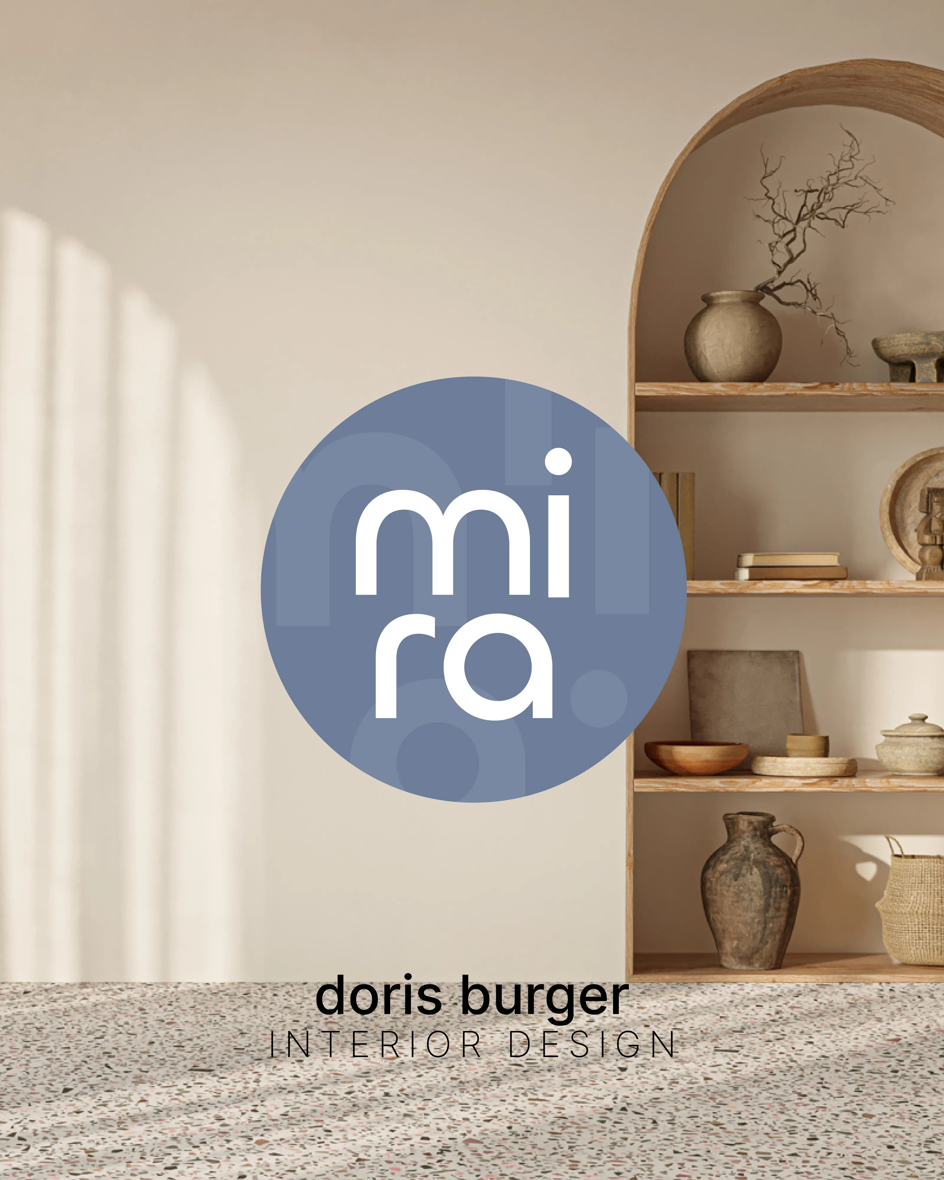 Kreislogo mira in Taubenblau in einem Bogen mit Regal, madea