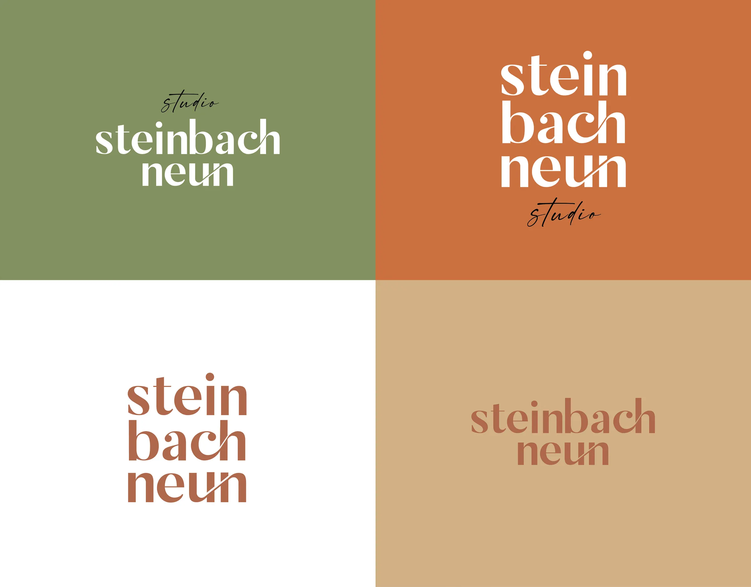Logovarianten von Steinbach neun in Olivgrün, Terrakotta, Weiß und Beige, madea