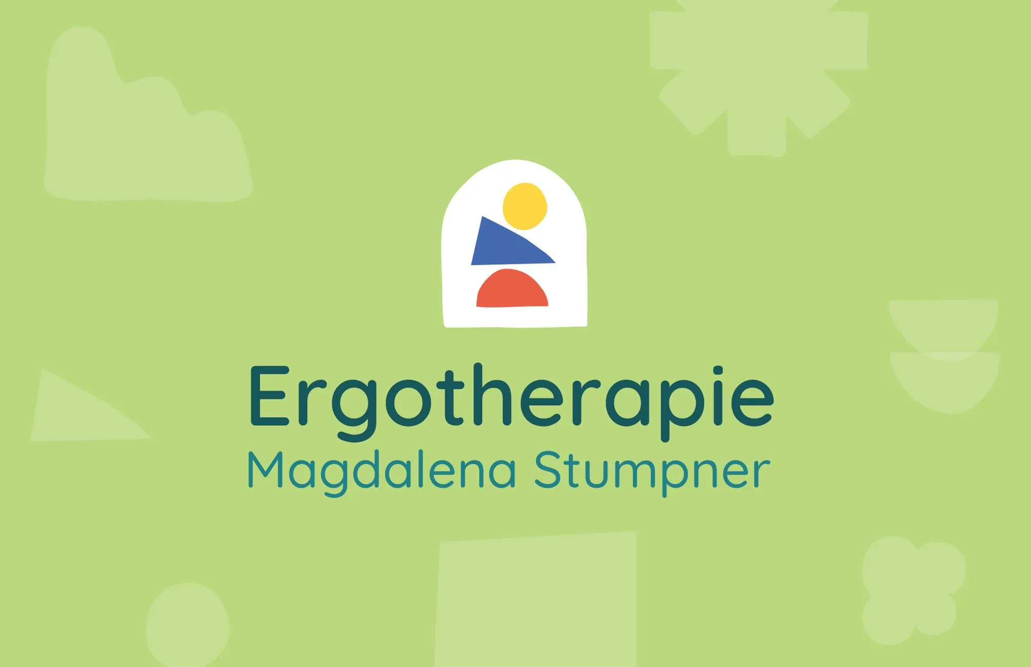Karte der Ergotherapiepraxis Magdalena Stumpner mit Logo auf Grün, madea