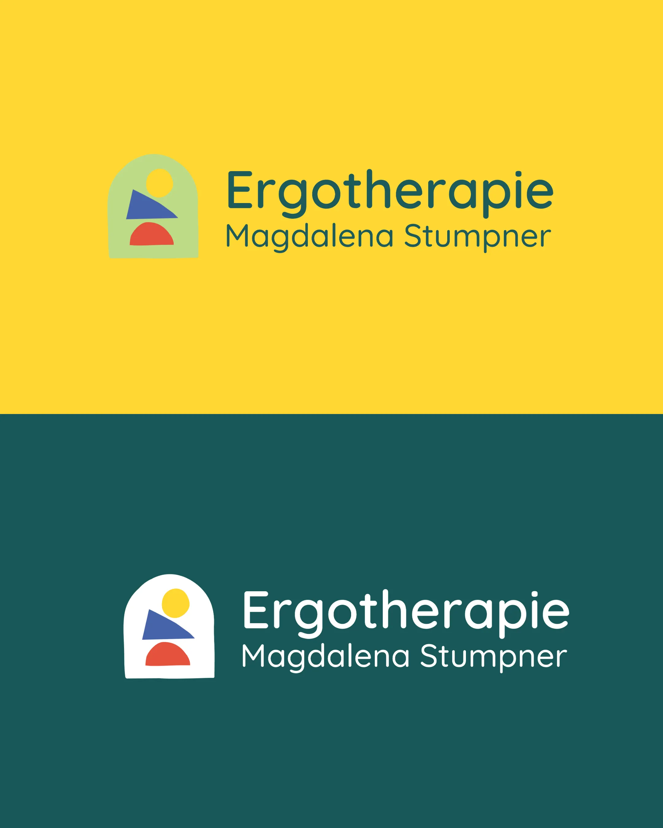Logo Ergotherapie Magdalena Stumpner auf Gelb und auf Petrol, madea