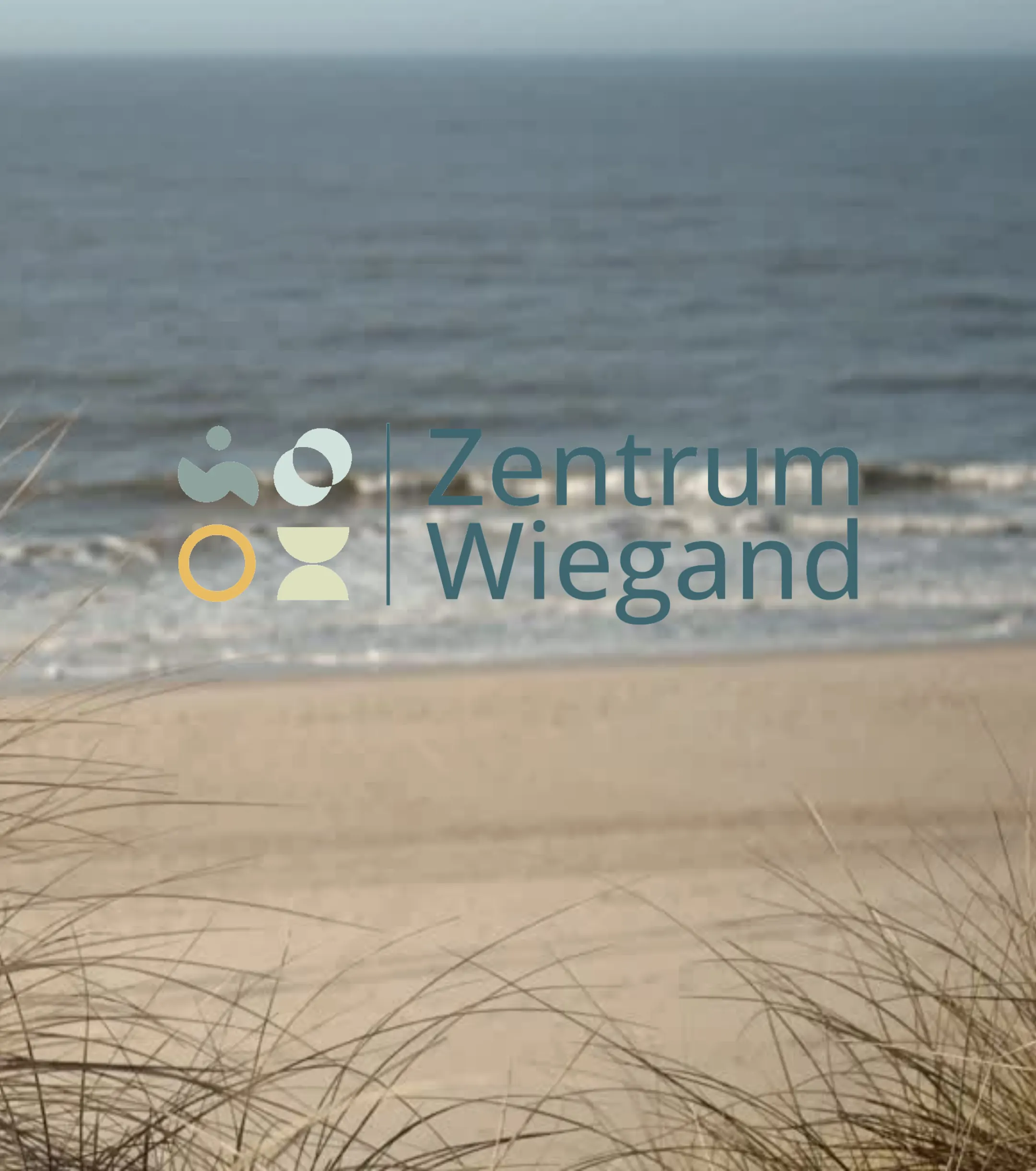 Logo des Zentrum Wiegand mit vier Zeichen und Wortmarke über einem Sandstrand mit Dünengras, madea